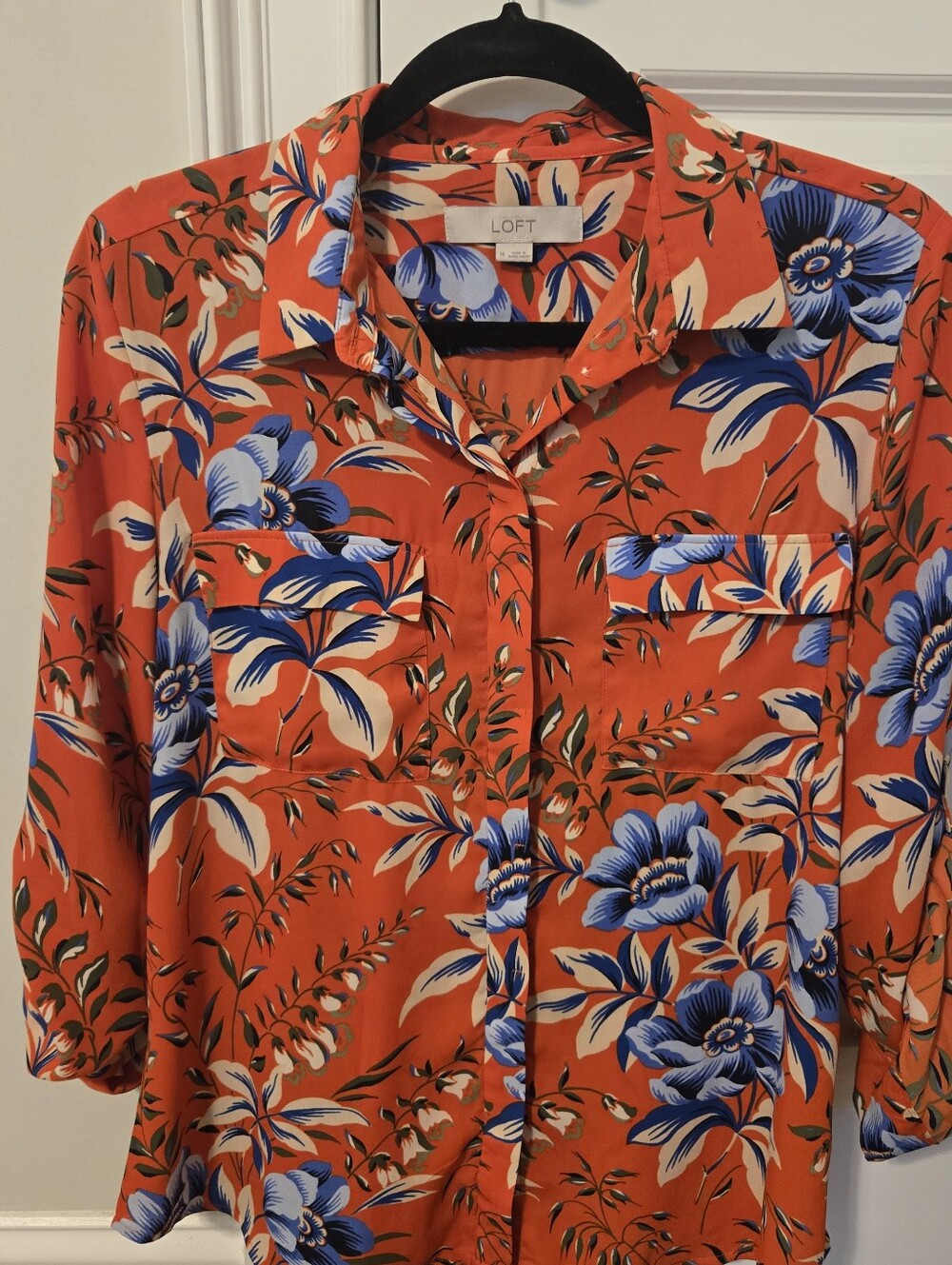 LOFT Orange Floral Button-Down Shirt with Blue Accents